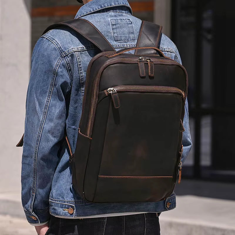 Men'S Crazy Horse Leather Backpack 15.6 Inch Laptop Retro Rucksack Large Capacity Travel Backpack Big Male Computer Bag