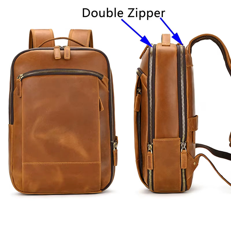 Men'S Crazy Horse Leather Backpack 15.6 Inch Laptop Retro Rucksack Large Capacity Travel Backpack Big Male Computer Bag