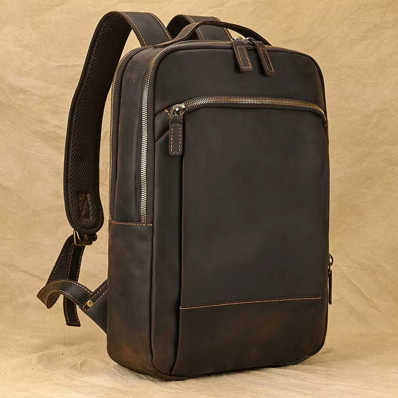 Men'S Crazy Horse Leather Backpack 15.6 Inch Laptop Retro Rucksack Large Capacity Travel Backpack Big Male Computer Bag