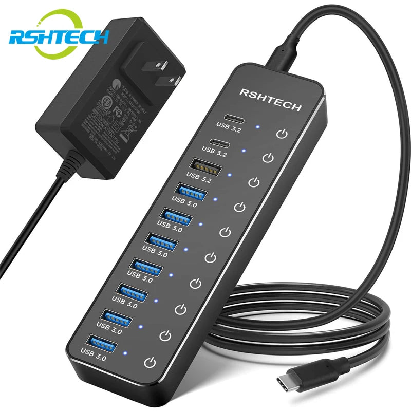 BP Electronics RSHTECH 10-Port USB-C Hub | 60W PD & 10Gbps Data Transfer Hybrid Splitter