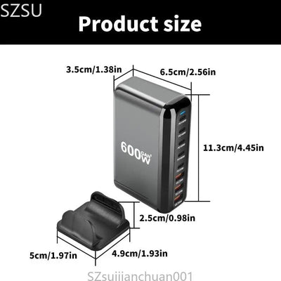 BP Electronics 600W Desktop GaN Charger | 5 USB-C & 3 USB-A Multiport Fast Charging Station for Laptops and Devices