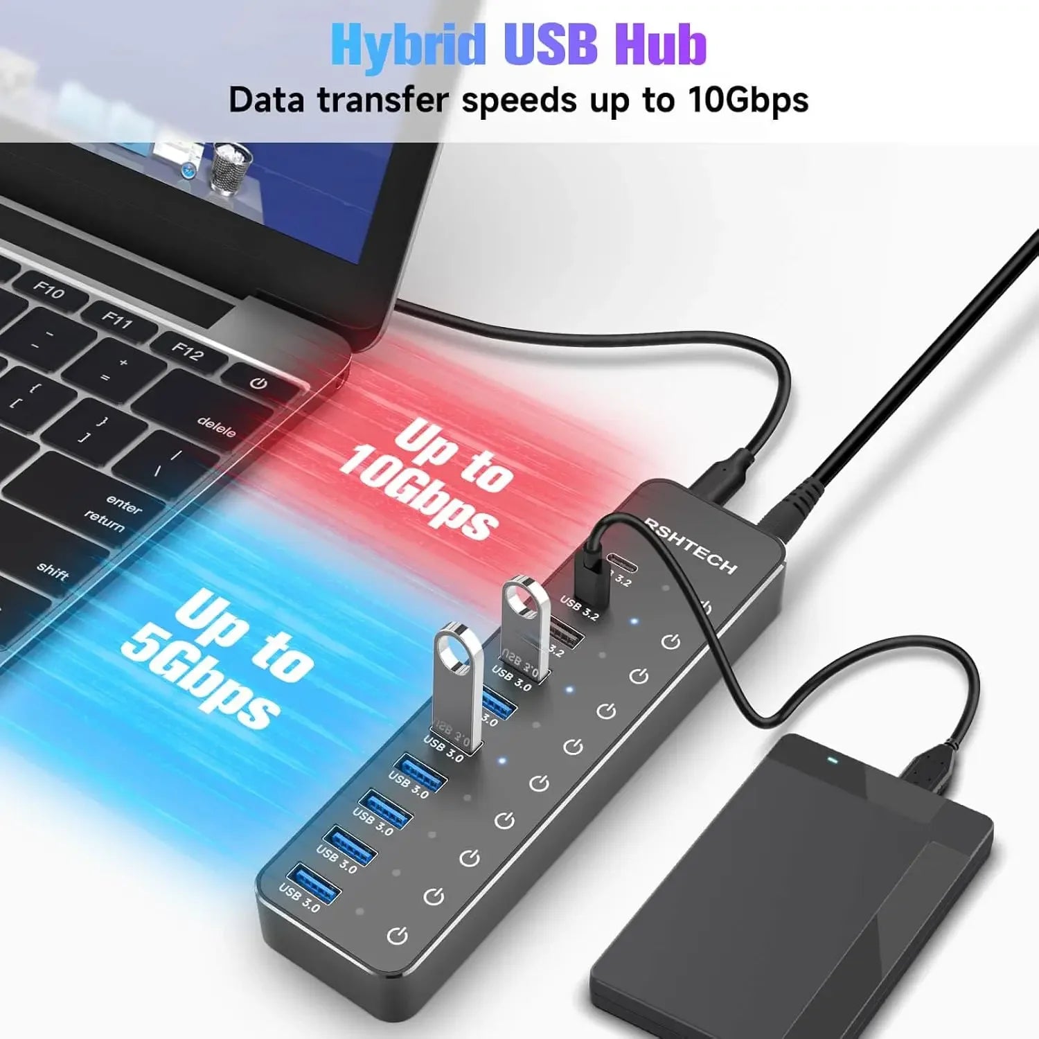 BP Electronics RSHTECH 10-Port USB-C Hub | 60W PD & 10Gbps Data Transfer Hybrid Splitter