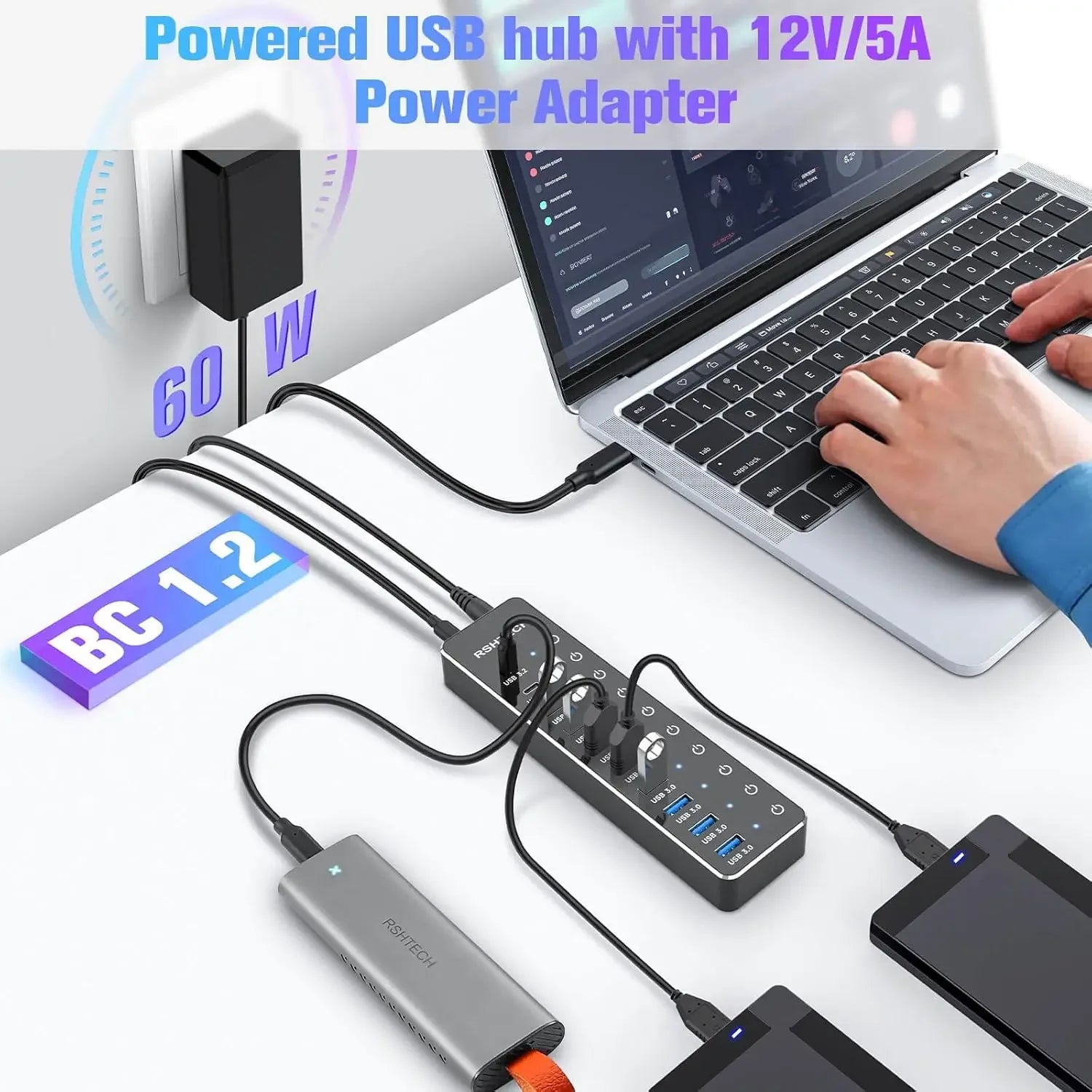 BP Electronics RSHTECH 10-Port USB-C Hub | 60W PD & 10Gbps Data Transfer Hybrid Splitter