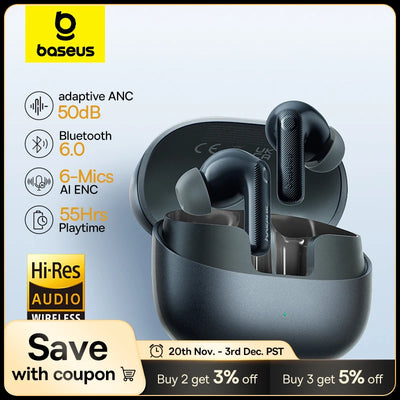 BP Electronics Baseus EP10 Pro ANC Earbuds – Wireless Bluetooth 6.0, 50dB Adaptive Noise Cancellation, 6 Mic Hi-Res LDAC, IP55 Waterproof