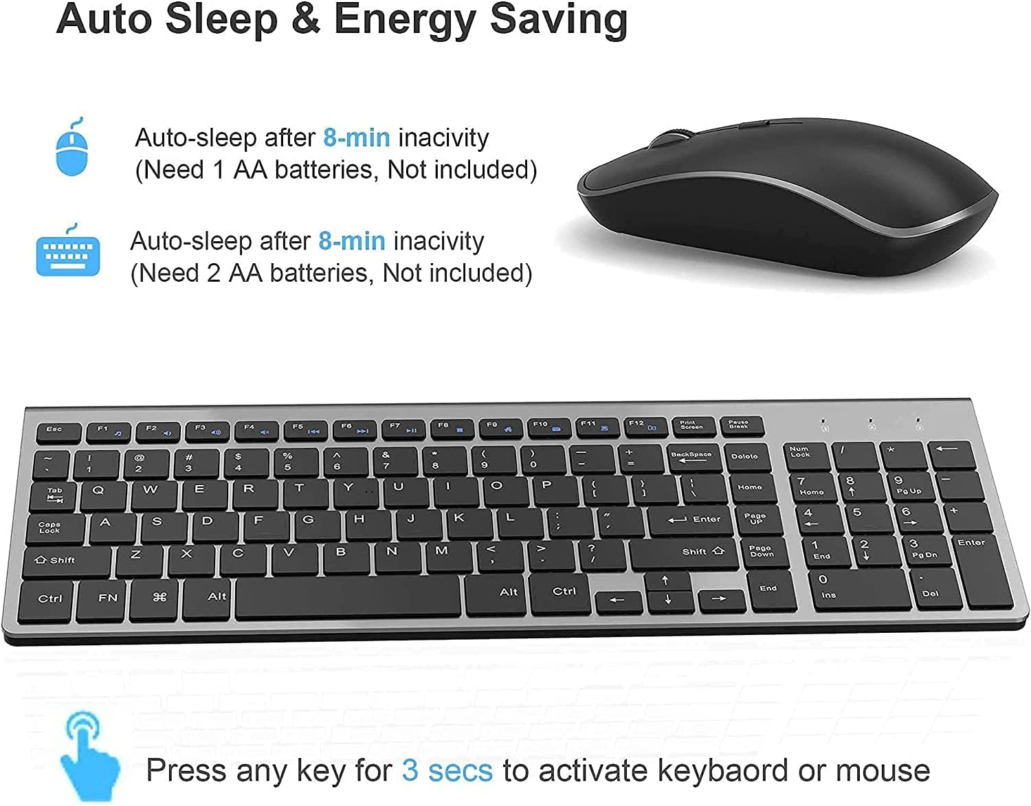 Wireless Keyboard and Mouse,2.4G Ergonomic and Slim Wireless Computer Keyboard Mouse Designed for Windows, PC, Laptop,Tablet - Black Grey