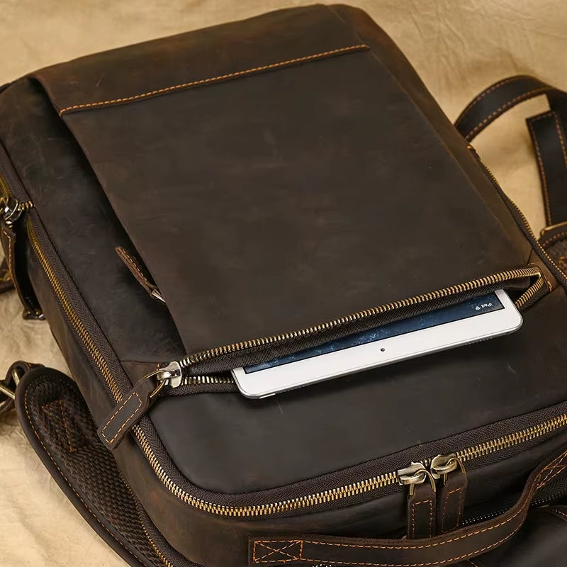 Men'S Crazy Horse Leather Backpack 15.6 Inch Laptop Retro Rucksack Large Capacity Travel Backpack Big Male Computer Bag